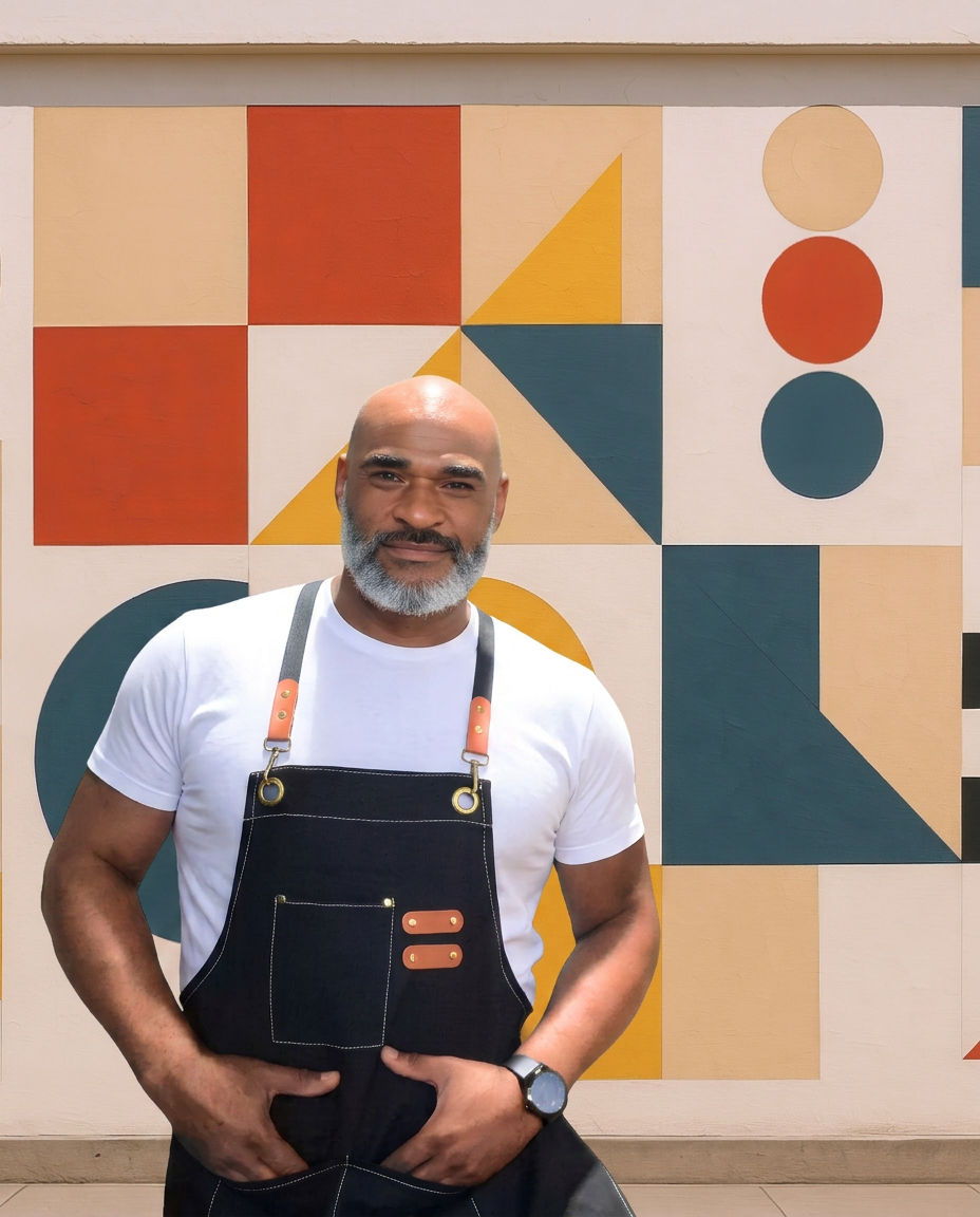 Junior, the mural artist, in a white t-shirt and denim apron in front of a geometric Bauhaus wall mural in red, teal, yellow and sand