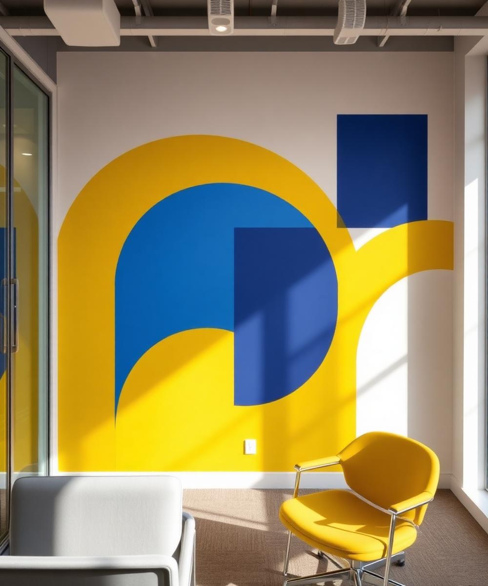 Office wall with yellow arch and blue circle mural