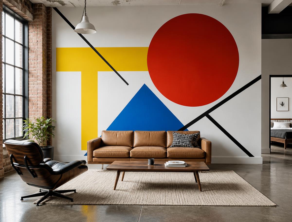 Loft apartment wall painted with a red circle, blue triangle and yellow bars mural